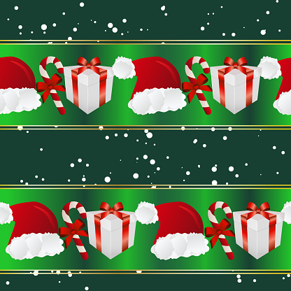 New year pattern with Santa hat, gift and striped candy