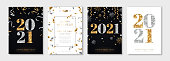 Christmas and New Year posters set with gold and silver confetti and 2021 numbers. Vector illustration. Winter holiday invitations with snowflakes and streamers