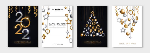 2022 New Year Posters set Christmas and New Year posters set with hanging gold and silver 3d baubles and 2022 numbers. Vector illustration. Winter holiday invitations with geometric decorations calendar backgrounds stock illustrations