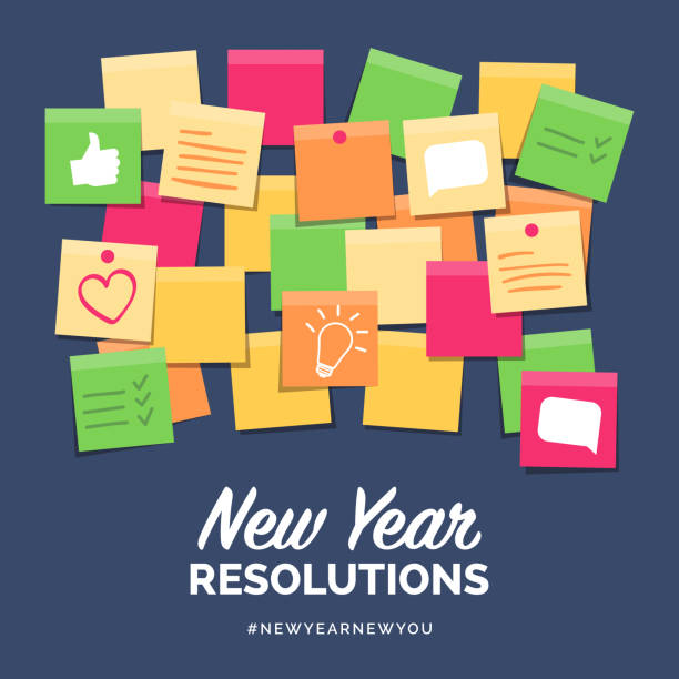 ilustrações, clipart, desenhos animados e ícones de resoluções do ano novo em notas da vara - post it