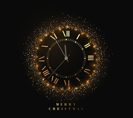 New Year shiny gold watch, five minutes to midnight. Merry Christmas. Xmas holiday. Glowing background with bright lights and white sparkles. Design vector illustration