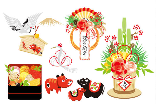 旧正月日本の食べ物や装飾ベクトルイラストセット - おせち料理点のイラスト素材／クリップアート素材／マンガ素材／アイコン素材