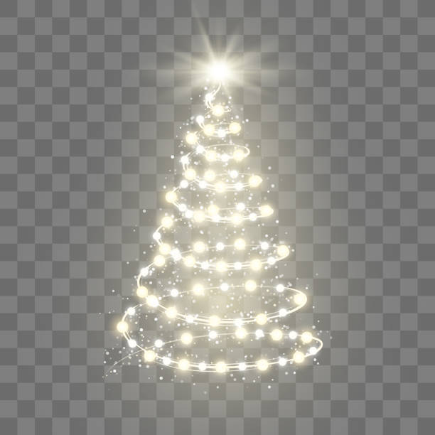 新年樹剪影由聖誕燈飾在透明的背景。假日裝飾。向量例證 - christmas tree 幅插畫檔、美工圖案、卡通及圖標
