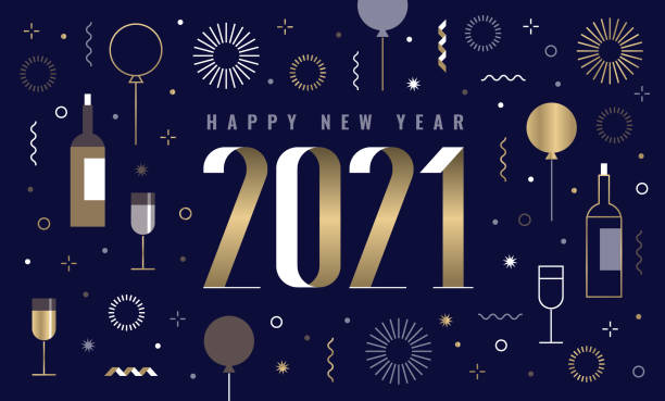 New Year's card 2021 with happy new year wishes and new year icon set You can edit the colors or sizes easily if you have Adobe Illustrator or other vector software. All shapes are vector champagne borders stock illustrations