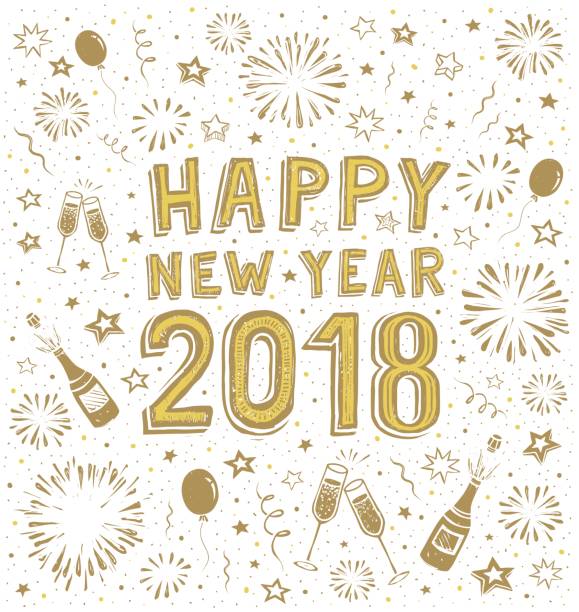New Year's doodle card 2018 Handwritten wishes with motif of a bottle of champagne and glasses. You can edit the colors or sizes easily if you have Adobe Illustrator or other vector software. All shapes are vector champagne drawings stock illustrations