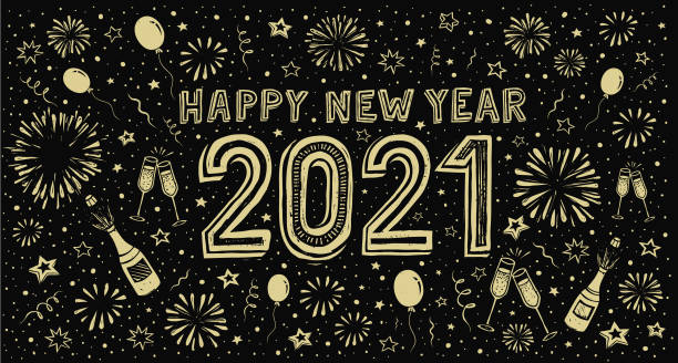 New Year's doodle card on fireworks background, confetti and stars Hand-drawn new year's eve wishes on fireworks background. You can edit the colors or sizes easily if you have Adobe Illustrator or other vector software. All shapes are vector happy new year stock illustrations