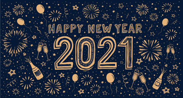 Hand-drawn new year's eve wishes on fireworks background. You can edit the colors or sizes easily if you have Adobe Illustrator or other vector software. All shapes are vector