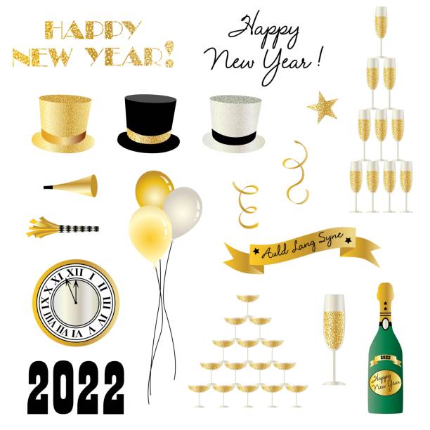 New Years Eve 2022 Vector Graphics New Years Eve 2022 Vector Graphics happy new year golden balloons with champagne stock illustrations