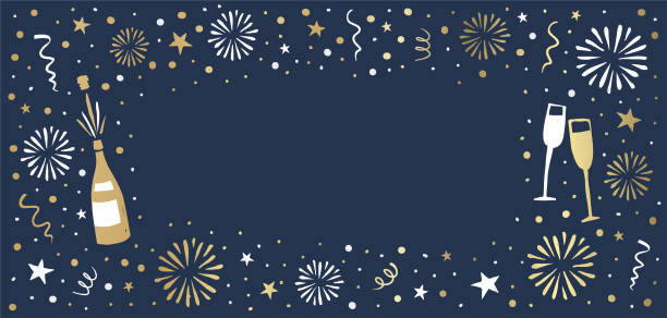New Year's Eve background with fireworks, champagne bottle, glasses, stars. Hand-drawn graphic.You can edit the colors or sizes easily if you have Adobe Illustrator or other vector software. All shapes are vector