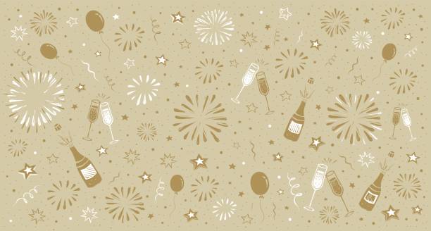 New Year's Eve background New Year's Eve background with balloons, fireworks, champagne bottle, glasses, stars. Hand-drawn graphic.You can edit the colors or sizes easily if you have Adobe Illustrator or other vector software. All shapes are vector fireworks background stock illustrations