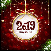 Red shiny background with Christmas decorations, decorative spruce branches, golden stars and beads, holiday lettering Happy New Year 2019, illustration.