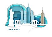 istock New York City skyline, vector paper cut illustration. Statue of Liberty, Bridge, world famous landmarks. Global travel. 1335358548