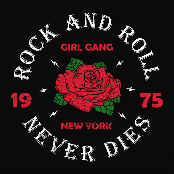 ilustrações de stock, clip art, desenhos animados e ícones de new york rock and roll girl gang - grunge typography for t-shirt, women clothes. fashion print for apparel with rose and slogan. vector - rock rose