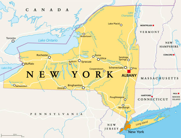 New York State (NYS), political map New York State (NYS), political map, with capital Albany, borders, important cities, rivers and lakes. State in the Northeastern United States of America. English labeling. Illustration. Vector. map of new england states stock illustrations