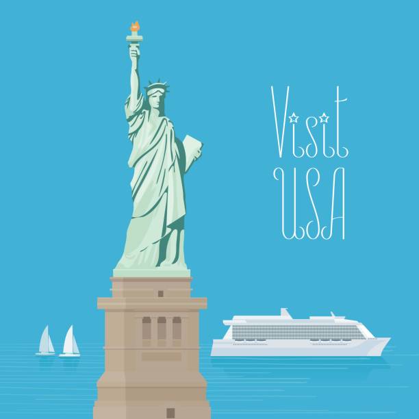 USA New York statue of liberty vector illustration USA New York statue of liberty vector illustration, poster. Design element for travel to America with famous view of statue of liberty cartoon of a statue of liberty free stock illustrations