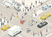 A detailed vector illustration of a New York City street, in isometric view, including fifty individual people and a mix of different vehicles.
