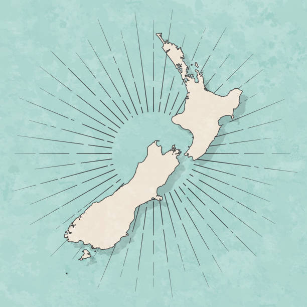 Map of New Zealand in a trendy vintage style. Beautiful retro illustration with old textured paper and light rays in the background (colors used: blue, green, beige and black for the outline). Vector Illustration (EPS10, well layered and grouped). Easy to edit, manipulate, resize or colorize.