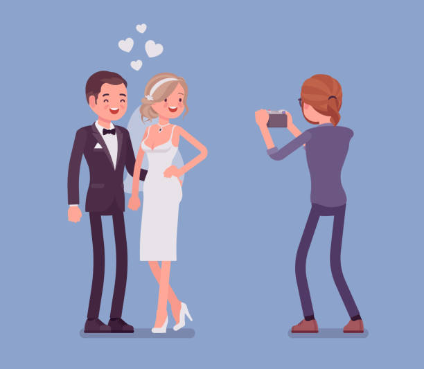 illustrations, cliparts, dessins animés et icônes de jeunes mariés et le photographe - photographe mariage