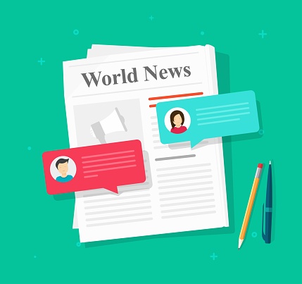 News discussion speech bubbles chat messages or newspaper press event talking rumors about the global news vector flat, concept of gossip magazine comments or communication