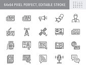 News line icons. Vector illustration included icon as newspaper, mass media, journalist, fake, television broadcasting outline pictogram for online press. 64x64 Pixel Perfect Editable Stroke.