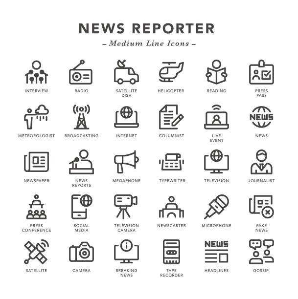 ilustrações, clipart, desenhos animados e ícones de repórter de notícias - ícones da linha média - mídia