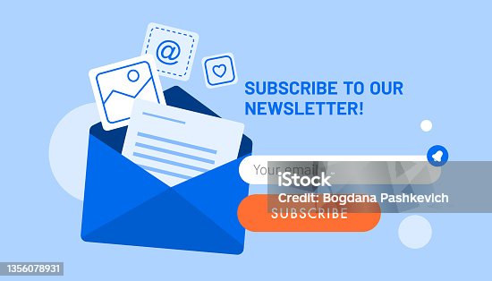 istock Newsletter subscription banner. Vector illustration for online marketing and business. Open envelope with different documents and photos flying out. Template for mailing and newsletter. 1356078931
