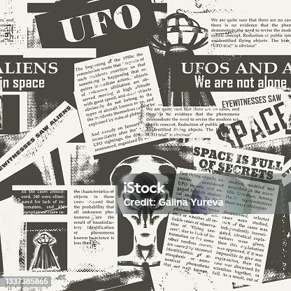 istock Newspaper print from scraps of articles about aliens. 1337385865