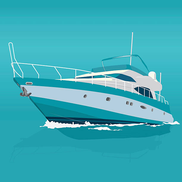 Nice blue motor boat on sea, fishing on a ship. Nice blue motor boat on sea – fishing on a ship – background for poster – illustration for webpage - flatten isolated illustration master vector yacht stock illustrations