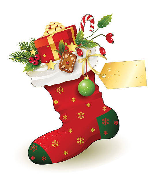 nicholas rot weihnachten strumpf mit geschenken - nikolaus stiefel stock-grafiken, -clipart, -cartoons und -symbole