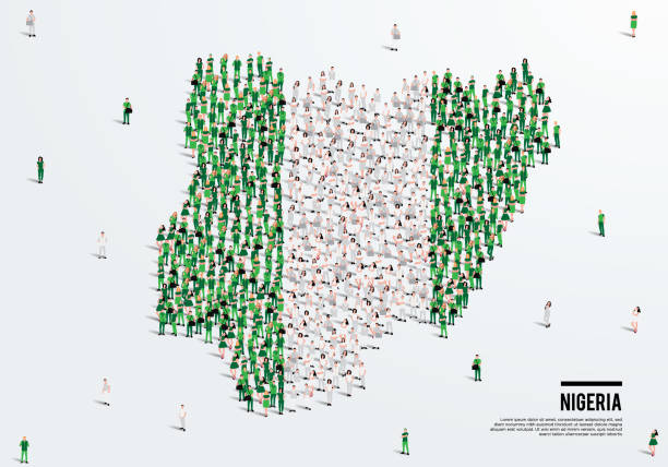 карта и флаг нигерии. большая группа людей в форме цвета нигерийского флага для создания карты. векторная иллюстрация. - nigeria stock illustrations