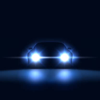 Night car with bright headlights approaching in the dark, silhouette of car with xenon headlights in the showroom, vector illustration