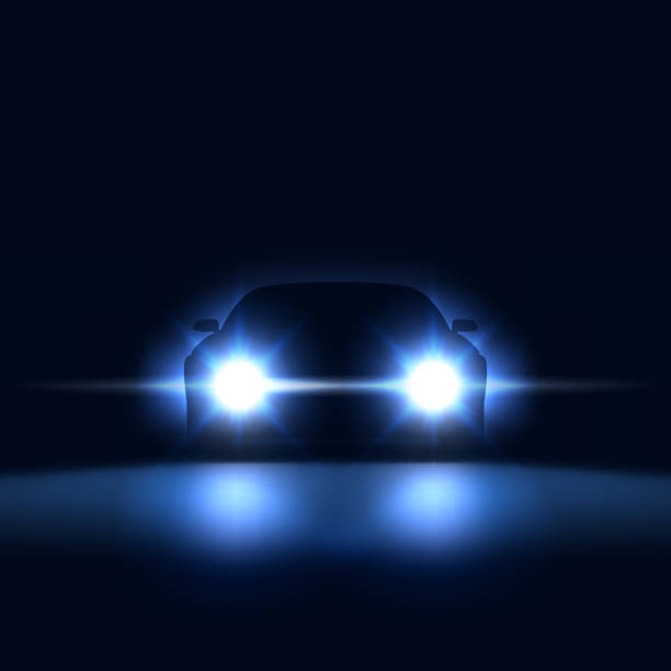 Night car with bright headlights approaching in the dark, silhouette of car with xenon headlights in the showroom, vector illustration  headlight stock illustrations