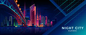 Night city in colored lights banner. Retro wave style.