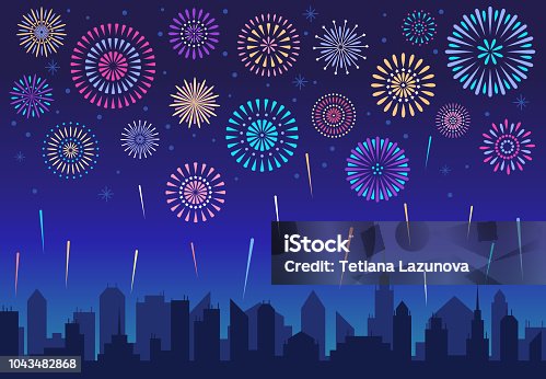 istock Night city fireworks. Holiday celebration firework, celebrated festive firecracker over town silhouette vector background 1043482868