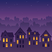 Night city skyline silhouette. Old traditional rooftops and twilight sky. Cartoon vector illustration, seamless tileable from sides.