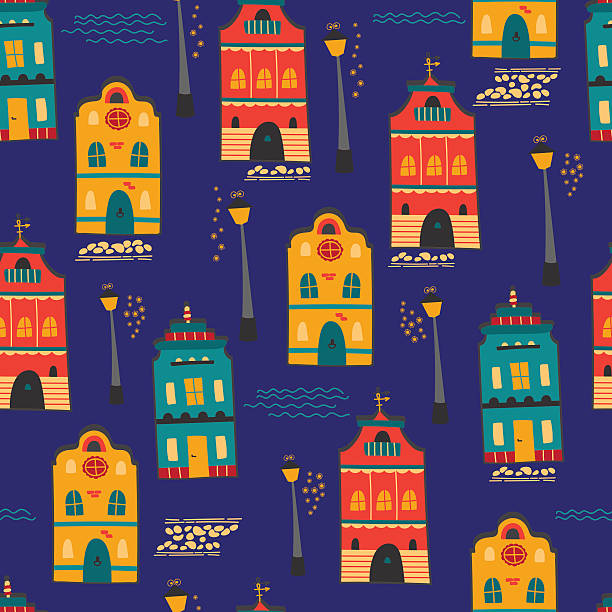 Night city seamless pattern Night city seamless pattern with houses and lanterns. Vector background. For greeting cards, travel brochures, souvenir production, wallpaper, surface textures, scrapbooking and fabric prints. window drawings stock illustrations