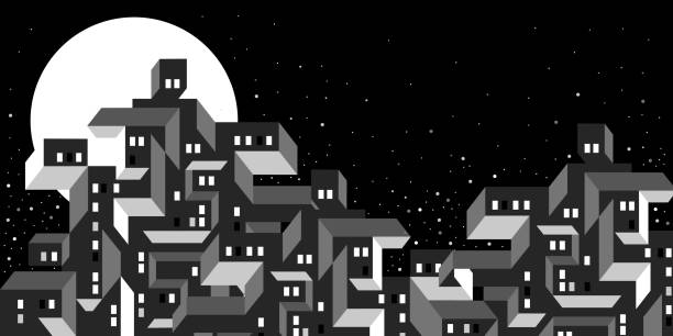 ilustrações de stock, clip art, desenhos animados e ícones de night cityscape with moon and stars. lights are on in windows. urban city by moonlight. simple geometric shapes of modern buildings. nightlife town. - window, inside apartment, new york