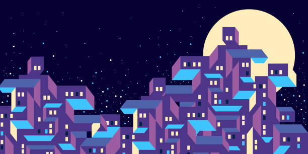 ilustrações de stock, clip art, desenhos animados e ícones de night cityscape with moon and stars. simple geometric shapes of modern buildings. lights are on in windows. urban city by moonlight. nightlife town. - window, inside apartment, new york