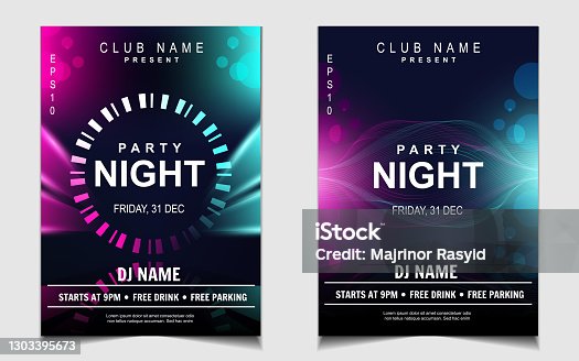 istock Night dance party music layout cover design template background with colorful dark blue glitters style. Light electro vector 1303395673