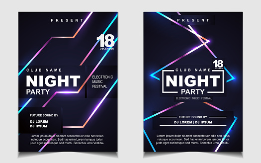 Night dance party music layout cover design template background with colorful dark blue glitters style. Light electro vector