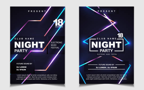 Night dance party music layout cover design template background with colorful dark blue glitters style. Light electro vector for music event concert disco, club invitation, festival poster, flyer techno music stock illustrations