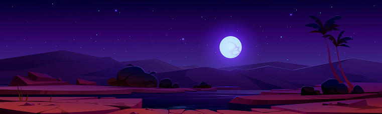 Night desert oasis under full moon starry sky