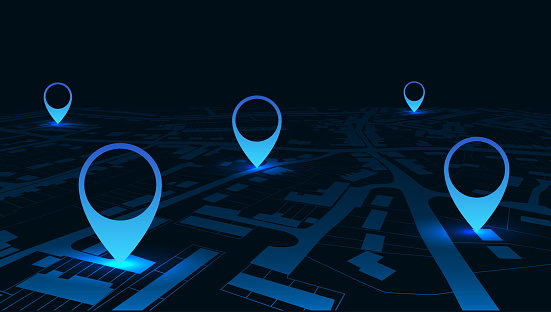 Night GPS navigator location on city map, from place to place - vector