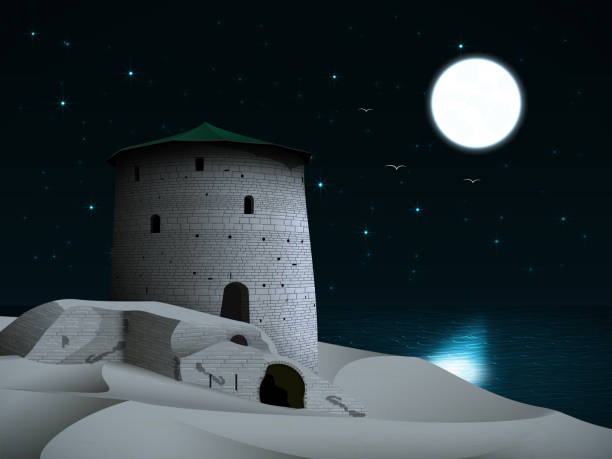 ilustrações de stock, clip art, desenhos animados e ícones de night landscape with an ancient fortress under the moon - supermoon
