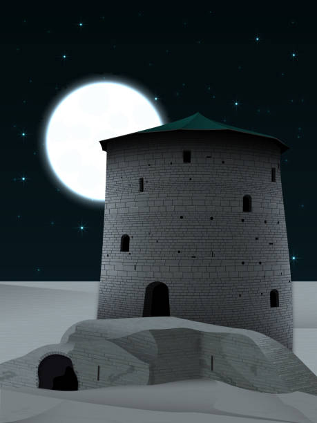ilustrações de stock, clip art, desenhos animados e ícones de night landscape with border fortress in the desert against the moon - supermoon