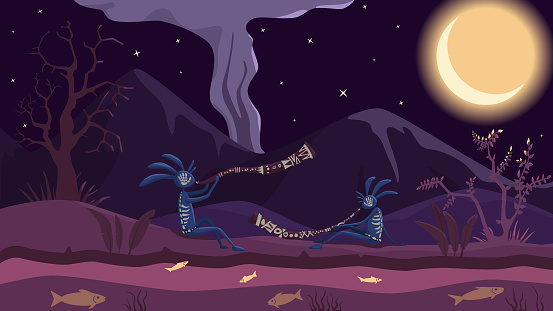 A Night Landscape With Mountains And A River, On The Shore Two Creatures Play The Didgeridoo Under The Moonlight