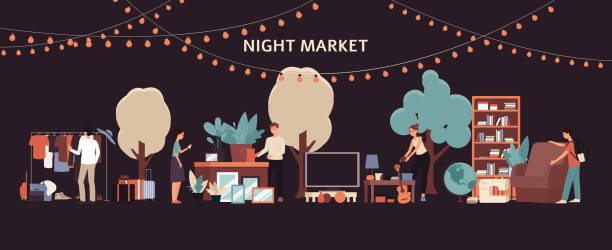 Night market - people buying furniture and clothes at flea garage sale in city park Night market - people buying furniture and clothes at flea garage sale in city park street in the dark under fairy lights, urban town pop up retail store - flat isolated vector illustration night market stock illustrations