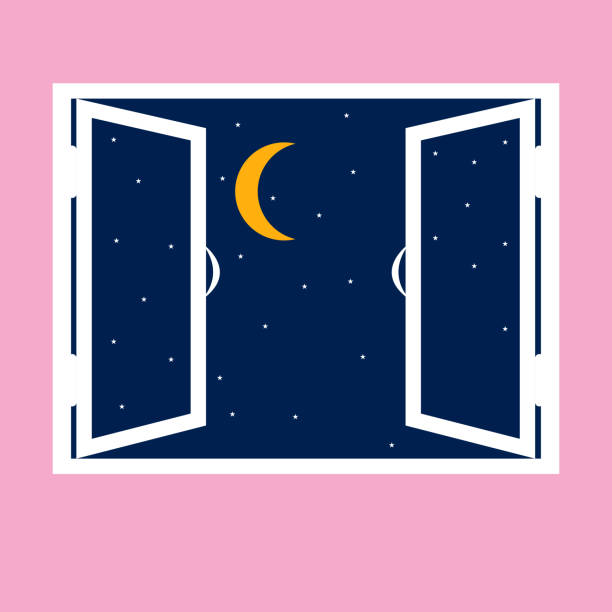 Night out the window icon in cartoon style isolated on pink background. Night out the window icon in cartoon style isolated on pink background. Night sky with stars and moon seen through a window. Sleep and rest symbol stock vector illustration. bedroom silhouettes stock illustrations