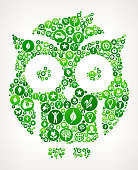 Night Owl  Nature and Environmental Conservation Icon Pattern . The green buttons completely fill the main object and vary in size and in the shade of the green color. Each button has a white nature and environmental conservation icon on it. The icons represent classic environmental themes such as recycling, trees, alternative energy, and other themes associated with conservation efforts. The background is light in color.