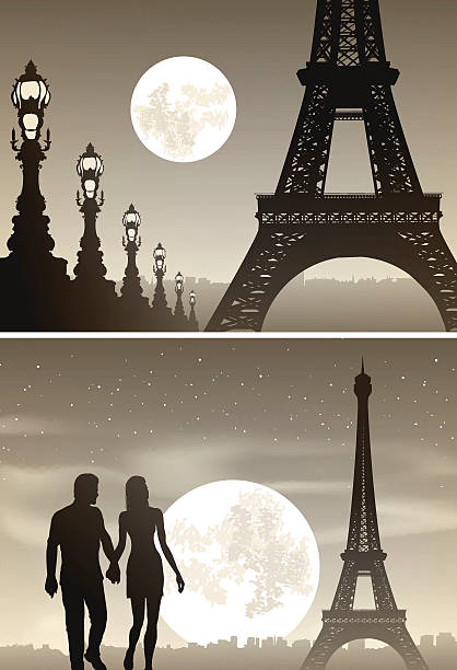 ilustrações de stock, clip art, desenhos animados e ícones de à noite, paris e casal apaixonado - paris night
